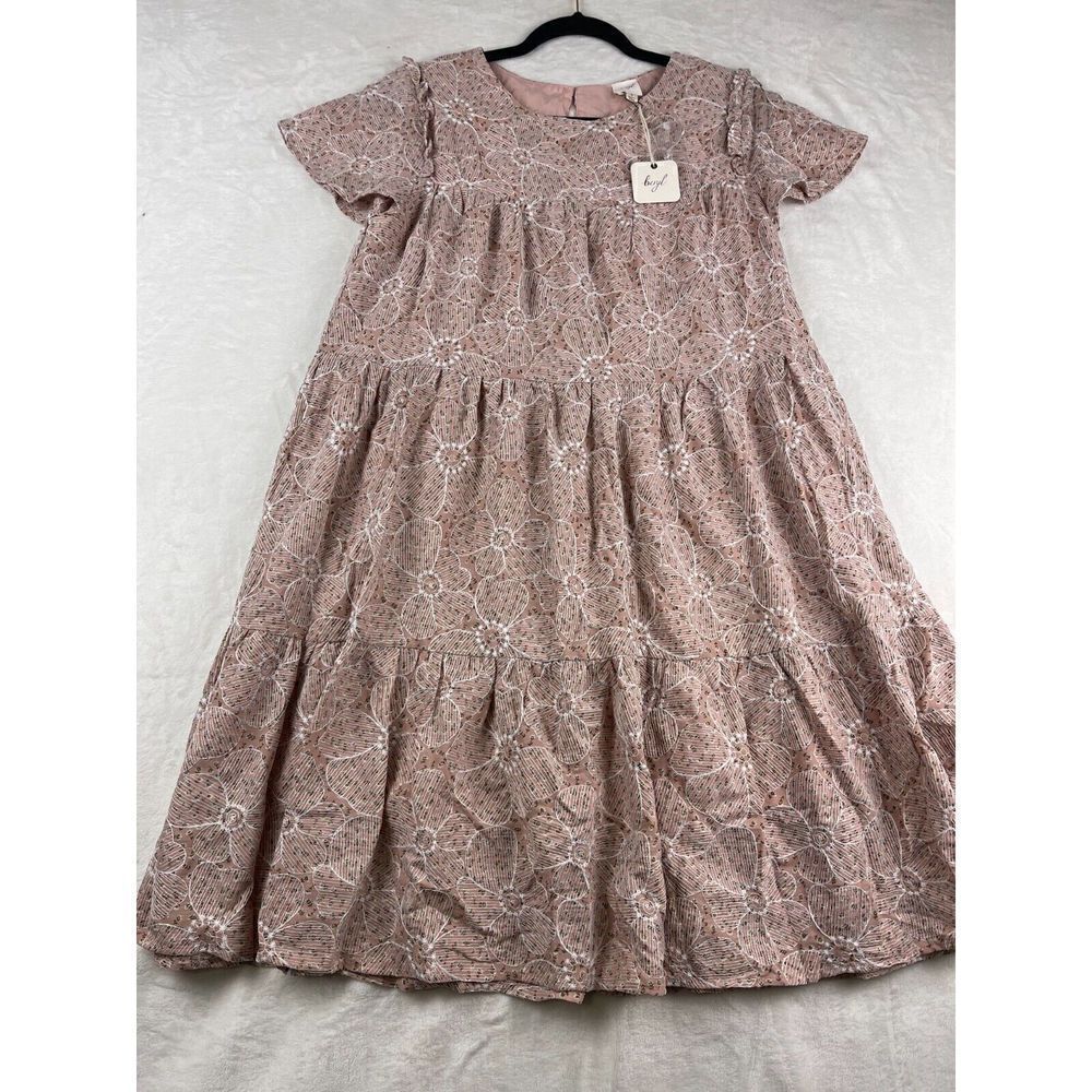 Beryl A-Line Dress Gils Size S Beige Polyester Floral Short Sleeves Round Neck